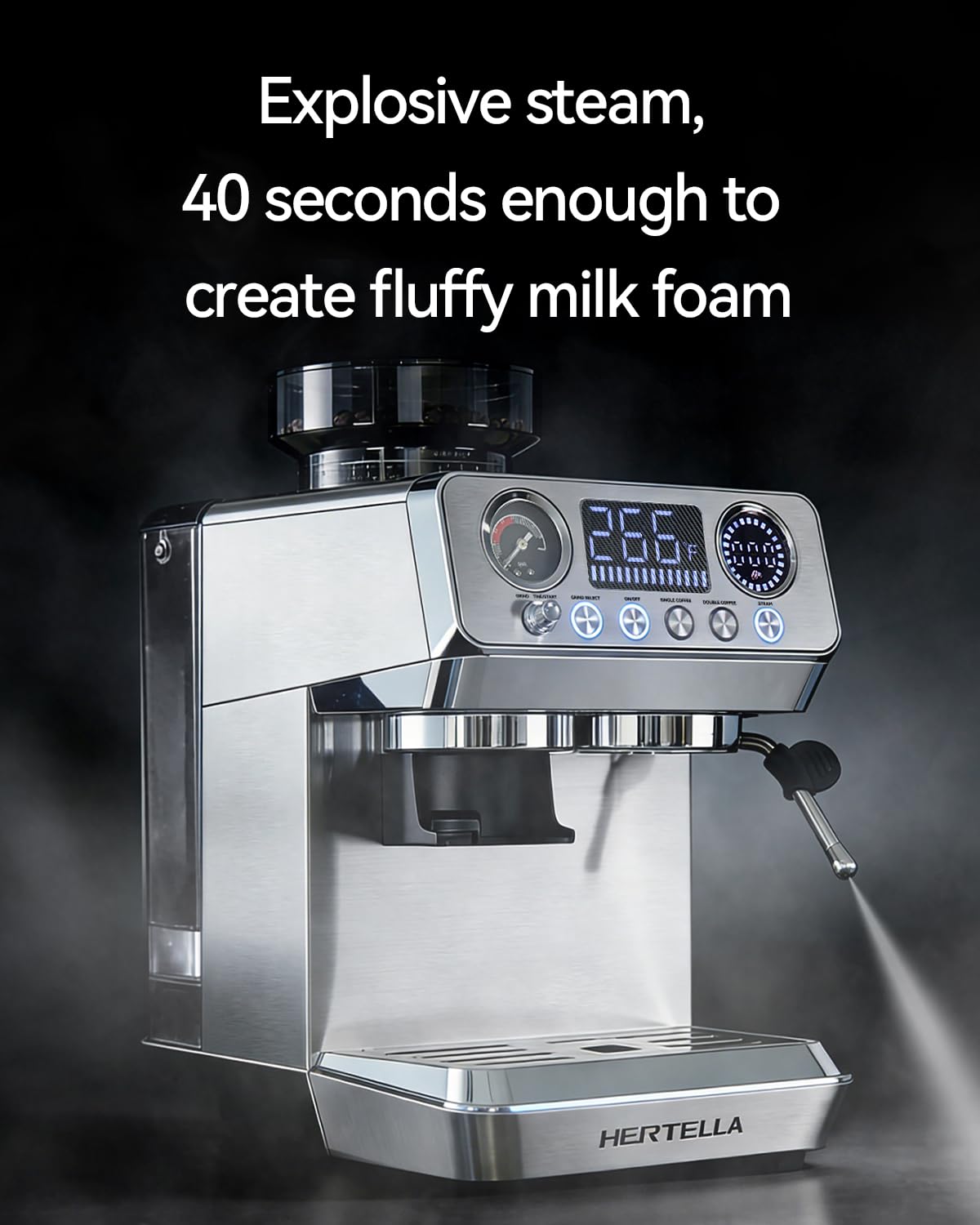 HERTELLA Espresso Machine 20 Bar with Burr Grinder, Milk Frother, Pressure Gauge & 4 Temperature Modes