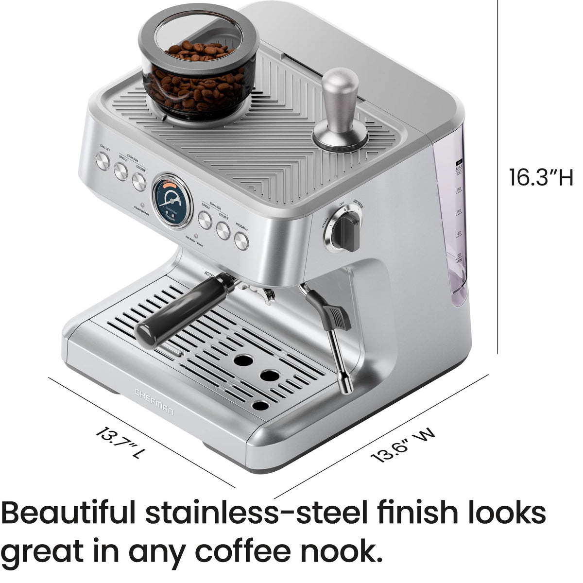 Chefman Crema Supreme 15 Bar Espresso Machine with Grinder & Milk Frother - 30 Grind Settings, 3L Tank