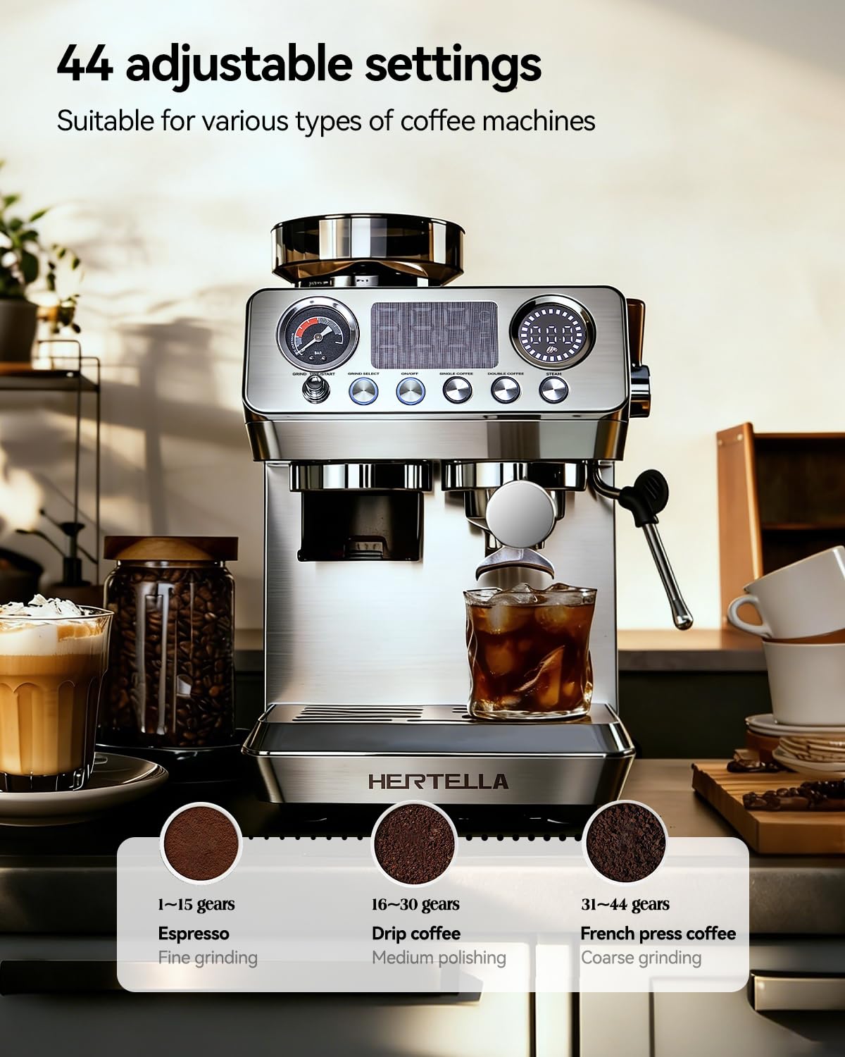 HERTELLA Espresso Machine 20 Bar with Burr Grinder, Milk Frother, Pressure Gauge & 4 Temperature Modes