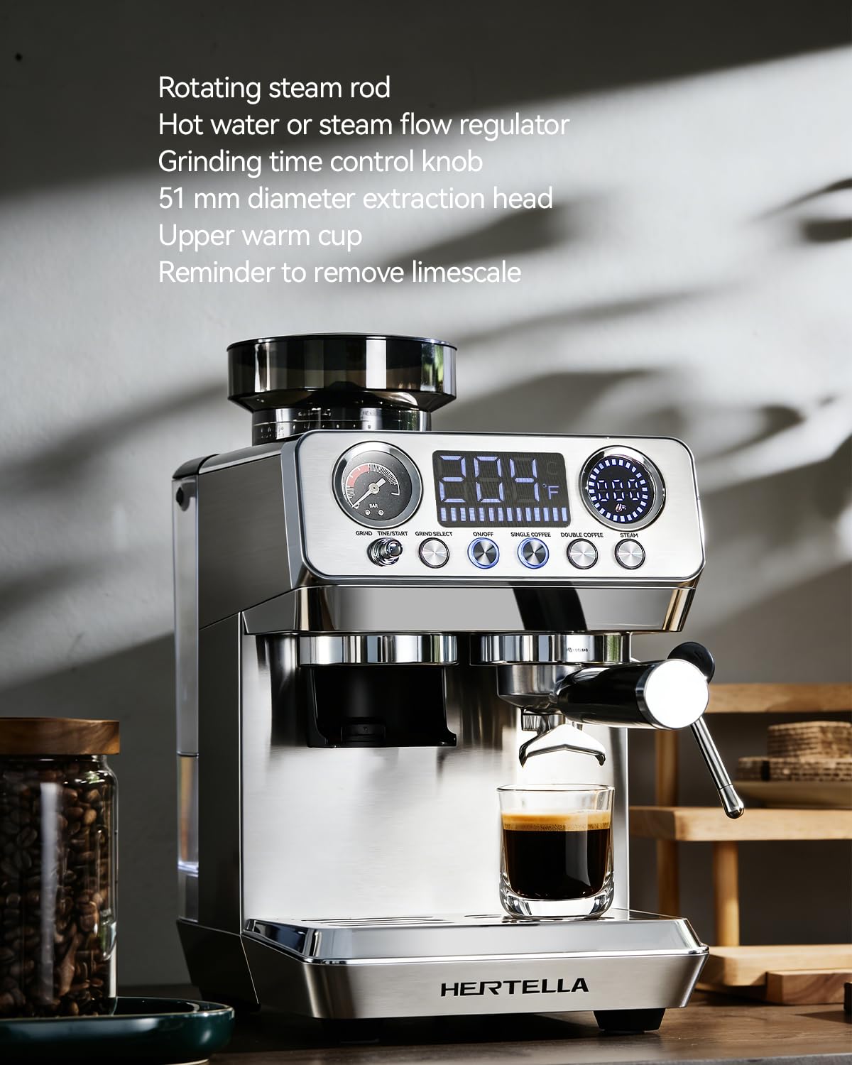 HERTELLA Espresso Machine 20 Bar with Burr Grinder, Milk Frother, Pressure Gauge & 4 Temperature Modes