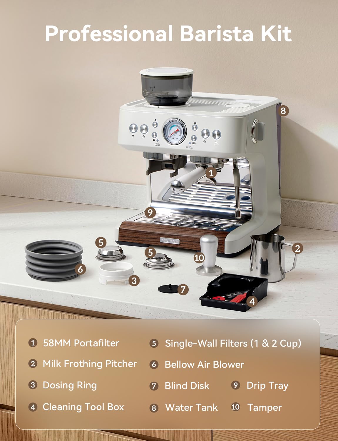 COUPLUX 2026 Espresso Machine with Anti-Static Grinder, 58mm Portafilter, 15 Bar Pump & Steam Wand