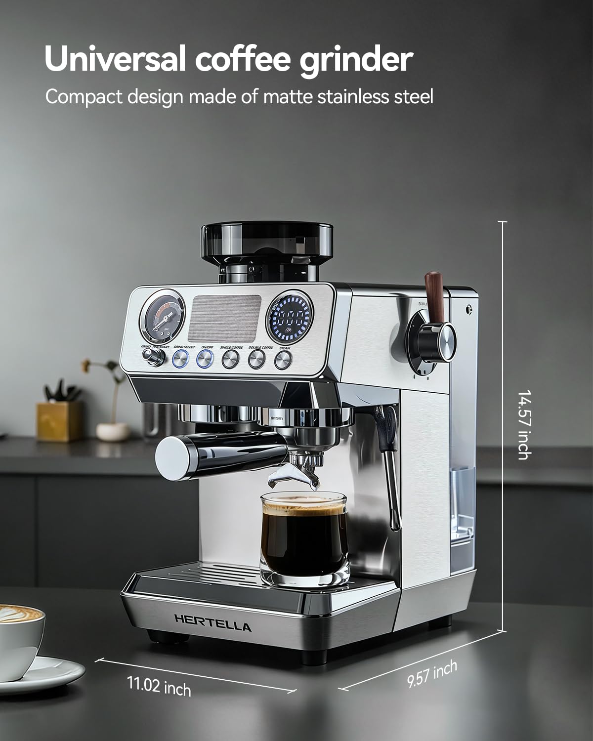 HERTELLA Espresso Machine 20 Bar with Burr Grinder, Milk Frother, Pressure Gauge & 4 Temperature Modes