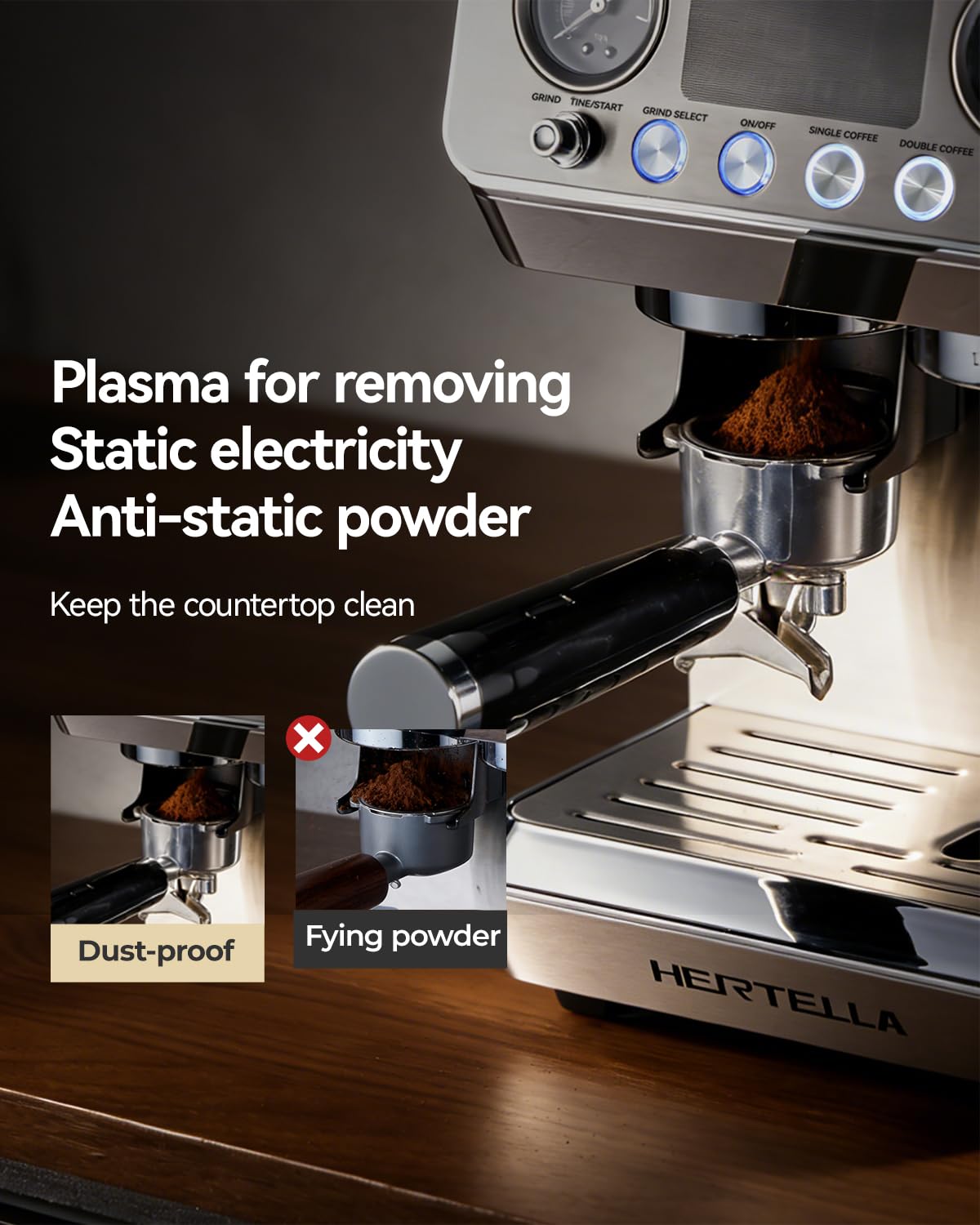HERTELLA Espresso Machine 20 Bar with Burr Grinder, Milk Frother, Pressure Gauge & 4 Temperature Modes