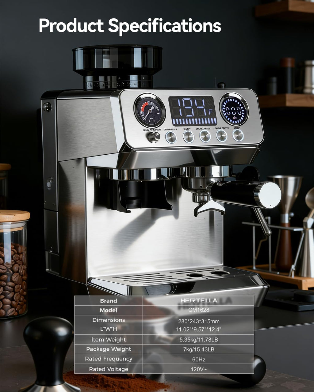 HERTELLA Espresso Machine 20 Bar with Burr Grinder, Milk Frother, Pressure Gauge & 4 Temperature Modes