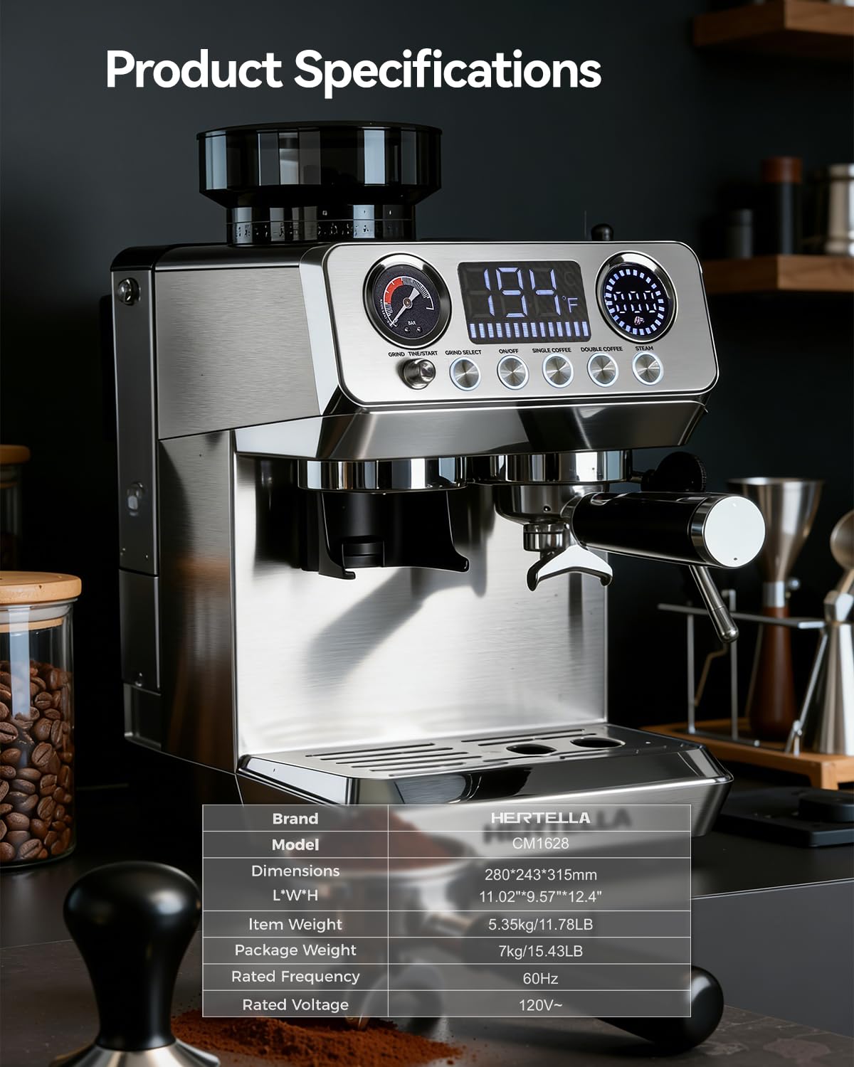 HERTELLA Espresso Machine 20 Bar with Burr Grinder, Milk Frother, Pressure Gauge & 4 Temperature Modes