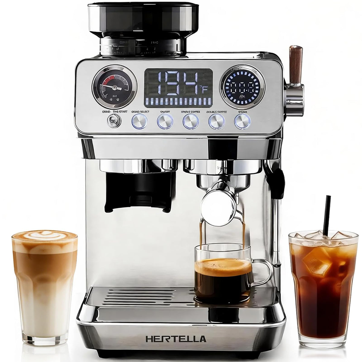 HERTELLA Espresso Machine 20 Bar with Burr Grinder, Milk Frother, Pressure Gauge & 4 Temperature Modes