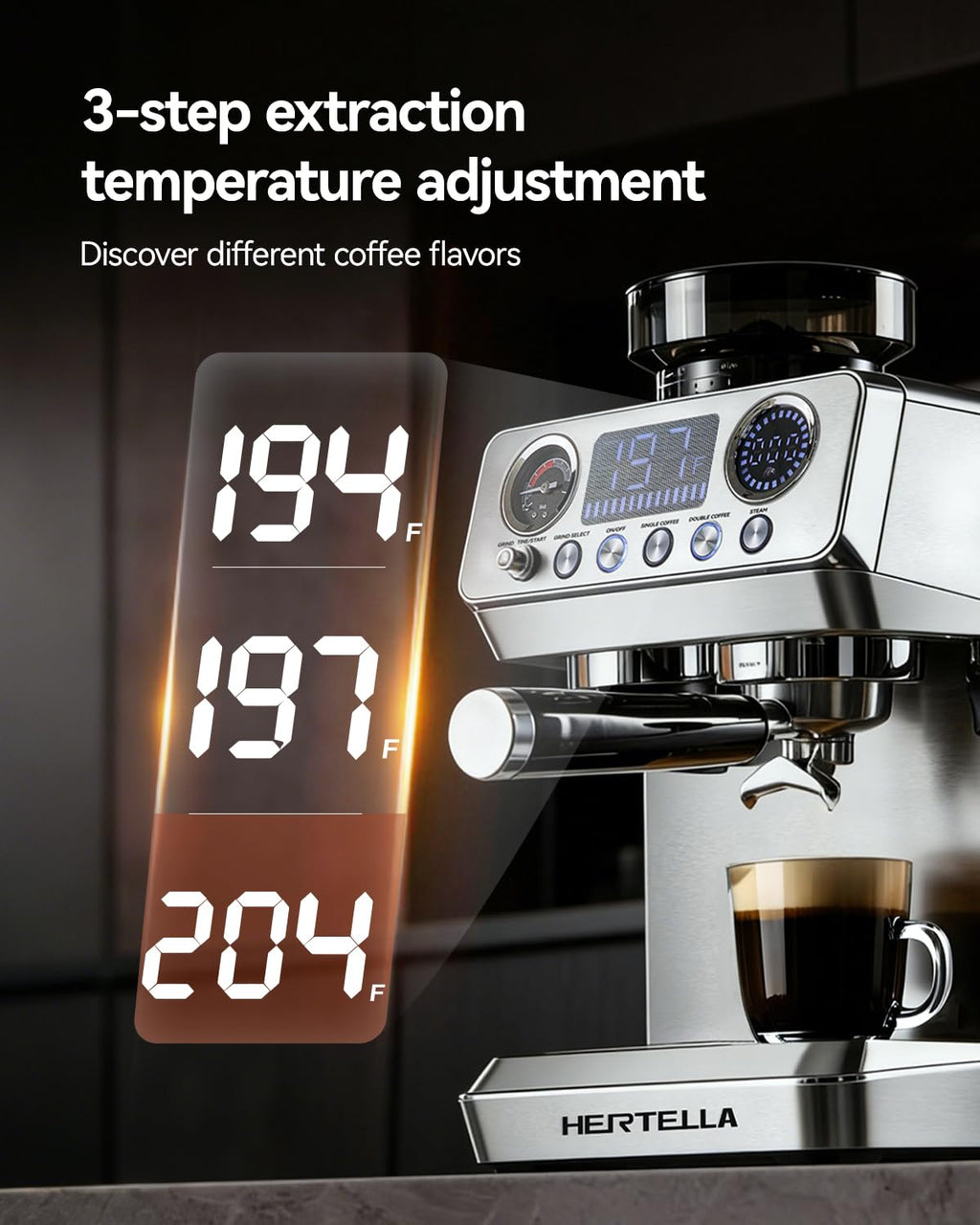 HERTELLA Espresso Machine 20 Bar with Burr Grinder, Milk Frother, Pressure Gauge & 4 Temperature Modes