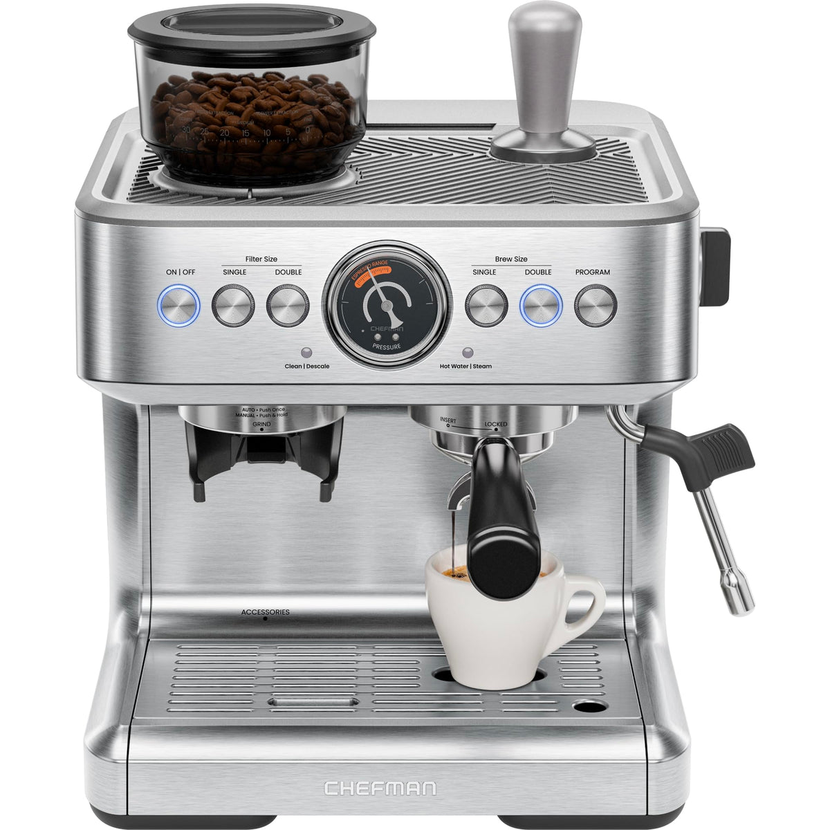 Chefman Crema Supreme 15 Bar Espresso Machine with Grinder & Milk Frother - 30 Grind Settings, 3L Tank