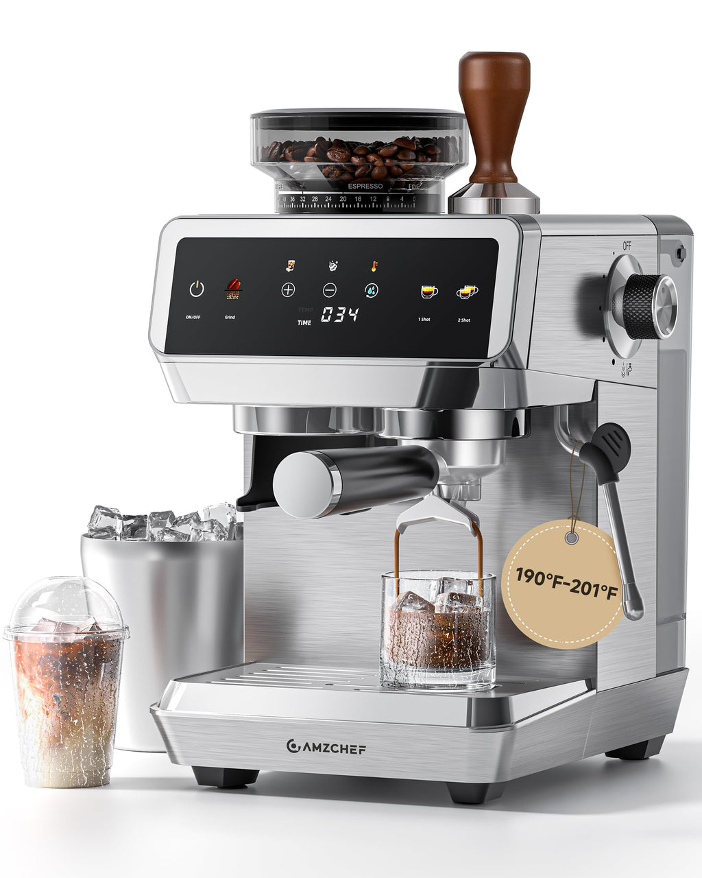 AMZCHEF Espresso Machine with Grinder, 44 Grind Settings, Temp Control 190-201°F, Milk Frother & Cold Brew