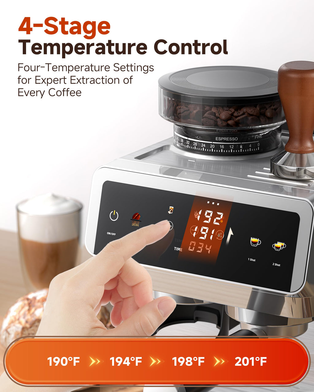 AMZCHEF Espresso Machine with Grinder, 44 Grind Settings, Temp Control 190-201°F, Milk Frother & Cold Brew
