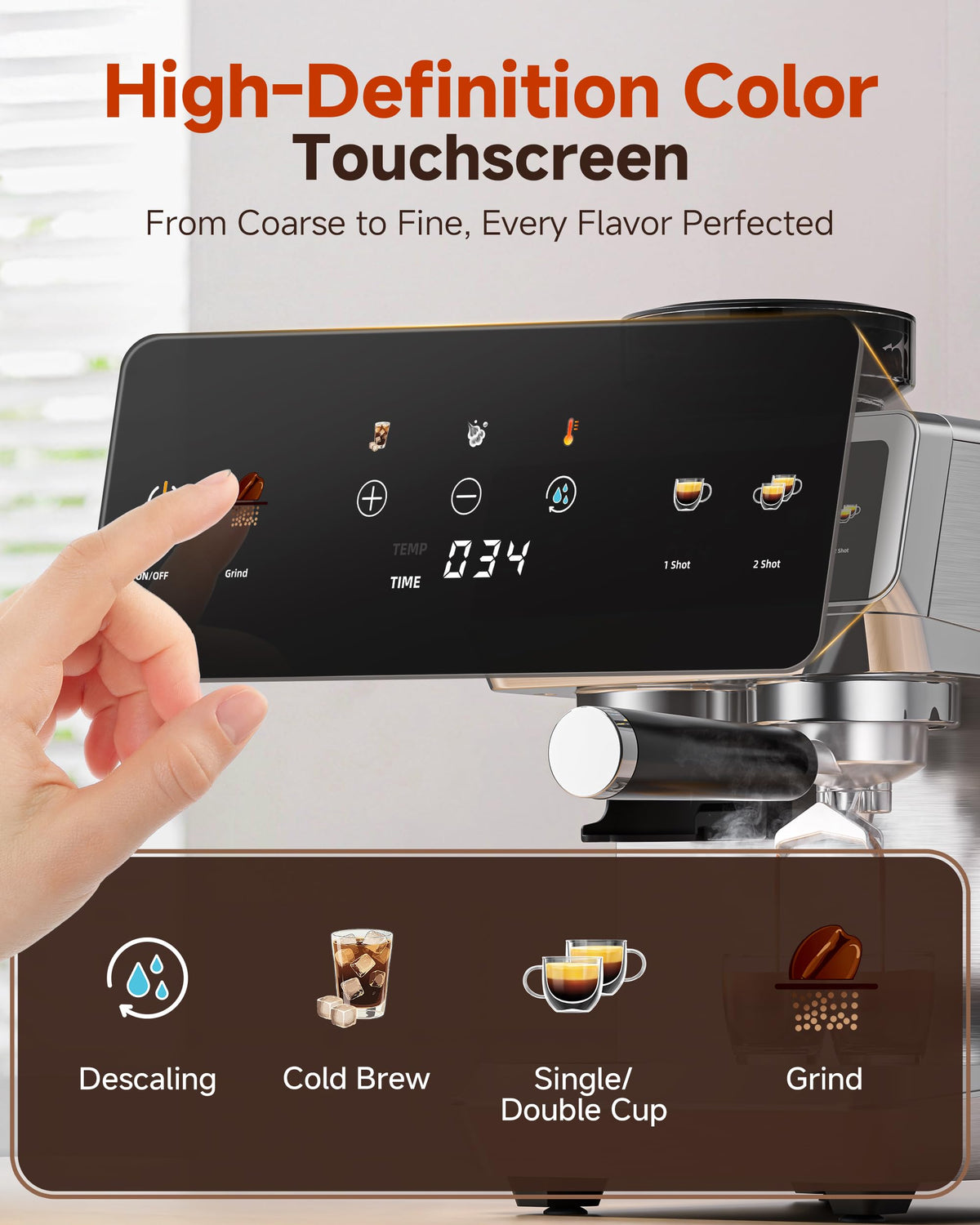 AMZCHEF Espresso Machine with Grinder, 44 Grind Settings, Temp Control 190-201°F, Milk Frother & Cold Brew