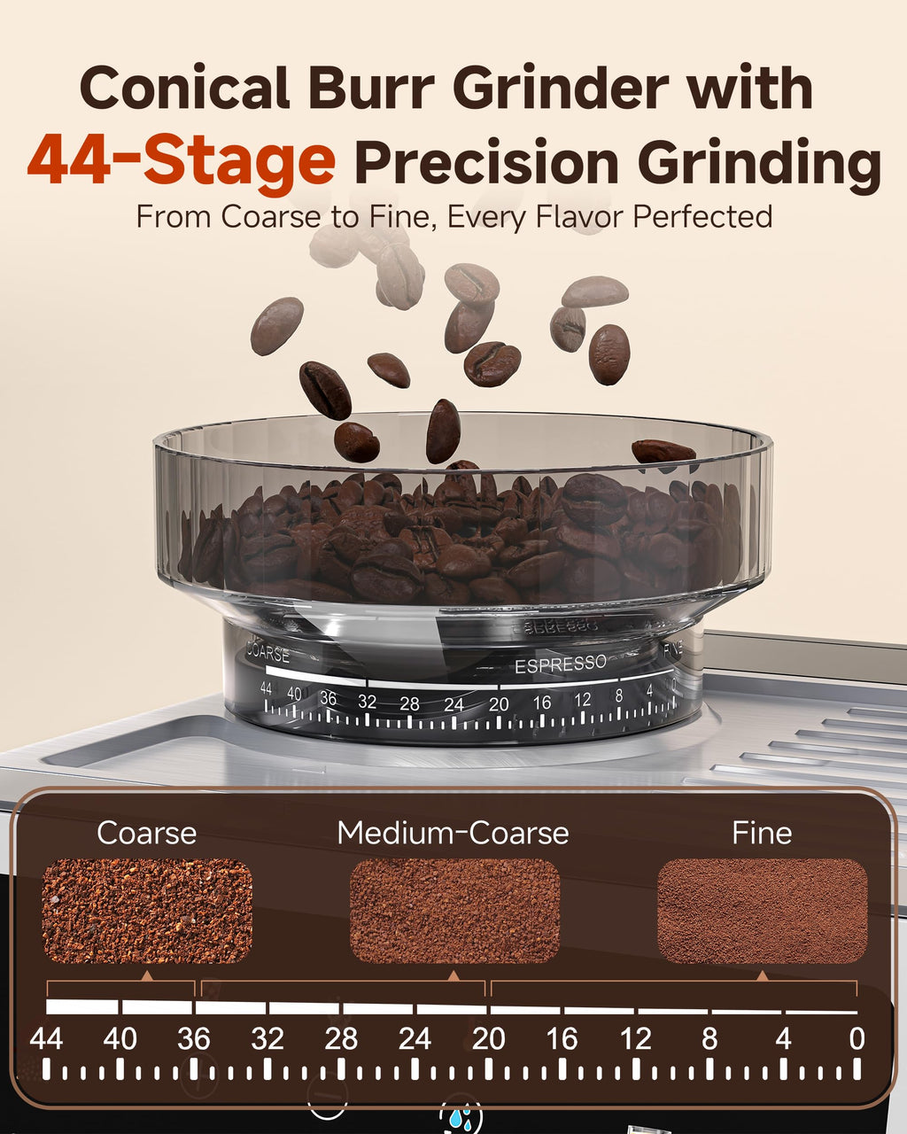 AMZCHEF Espresso Machine with Grinder, 44 Grind Settings, Temp Control 190-201°F, Milk Frother & Cold Brew