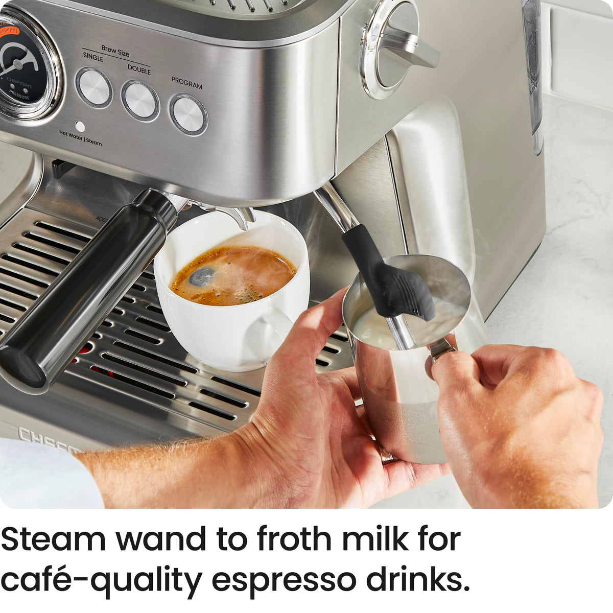 Chefman Crema Supreme 15 Bar Espresso Machine with Grinder & Milk Frother - 30 Grind Settings, 3L Tank