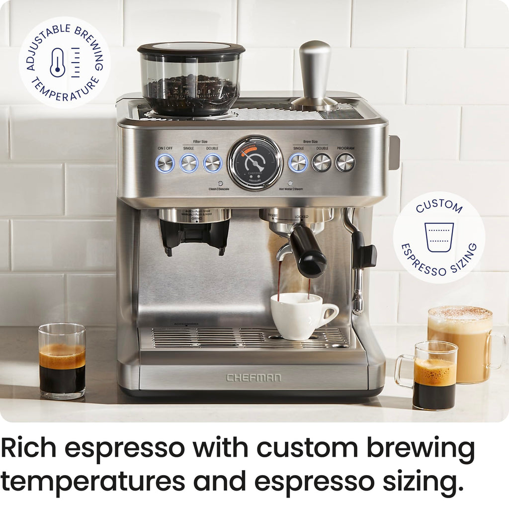 Chefman Crema Supreme 15 Bar Espresso Machine with Grinder & Milk Frother - 30 Grind Settings, 3L Tank