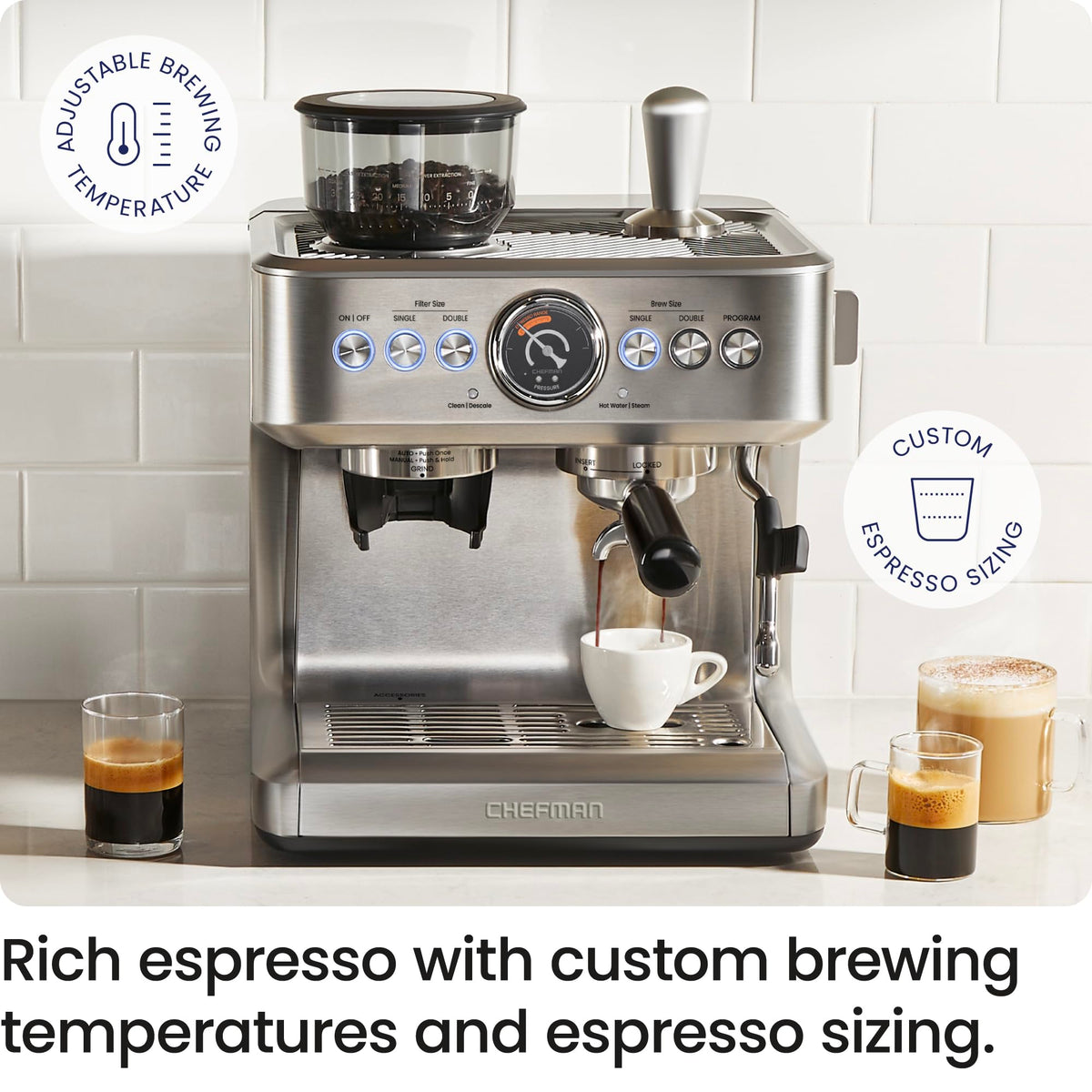 Chefman Crema Supreme 15 Bar Espresso Machine with Grinder & Milk Frother - 30 Grind Settings, 3L Tank