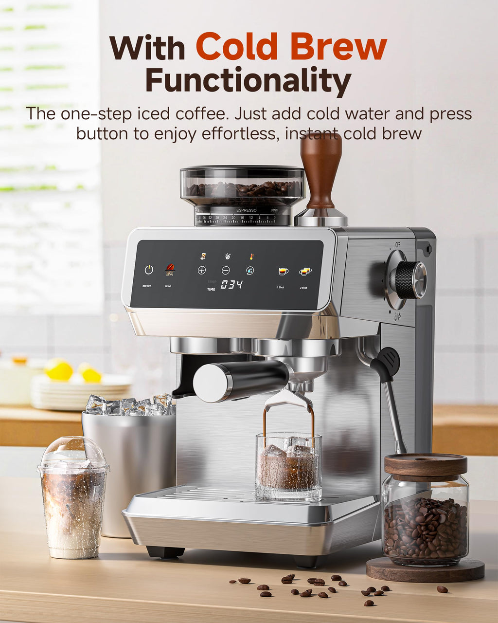 AMZCHEF Espresso Machine with Grinder, 44 Grind Settings, Temp Control 190-201°F, Milk Frother & Cold Brew