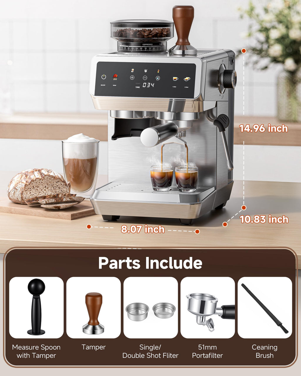 AMZCHEF Espresso Machine with Grinder, 44 Grind Settings, Temp Control 190-201°F, Milk Frother & Cold Brew