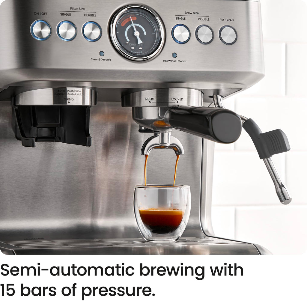 Chefman Crema Supreme 15 Bar Espresso Machine with Grinder & Milk Frother - 30 Grind Settings, 3L Tank