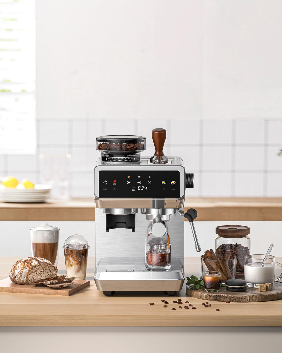 AMZCHEF Espresso Machine with Grinder, 44 Grind Settings, Temp Control 190-201°F, Milk Frother & Cold Brew