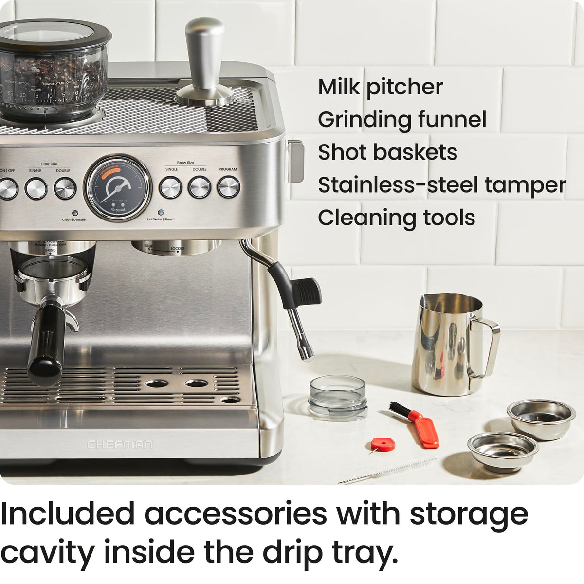 Chefman Crema Supreme 15 Bar Espresso Machine with Grinder & Milk Frother - 30 Grind Settings, 3L Tank
